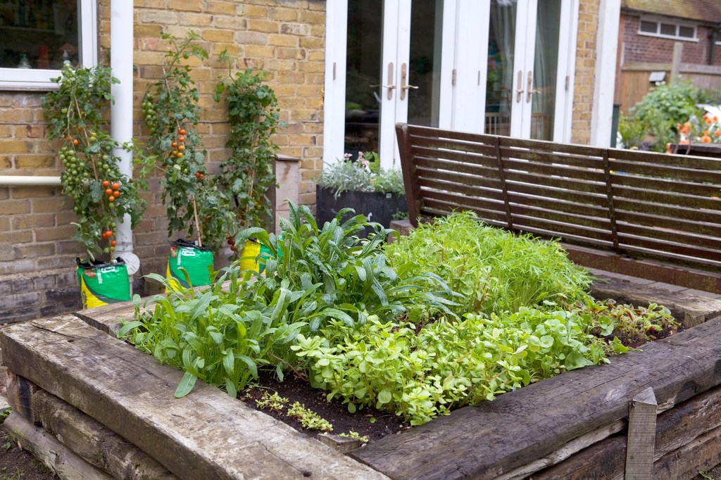 A photo of a raised garden bed outside a house made with old railway sleepers.